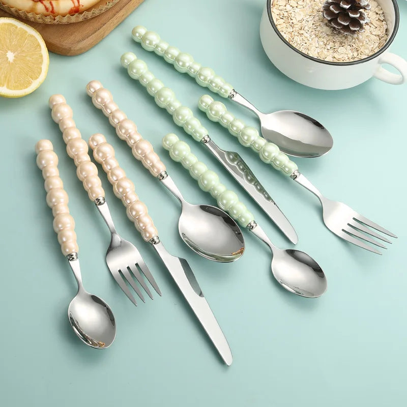 10Pcs of Ceramic Handle Tableware, Stainless Steel Spoon Set, Creative Pearl Shape Handle Soup Spoon Rice Spoon Kitchen Supplies Oasis Select
