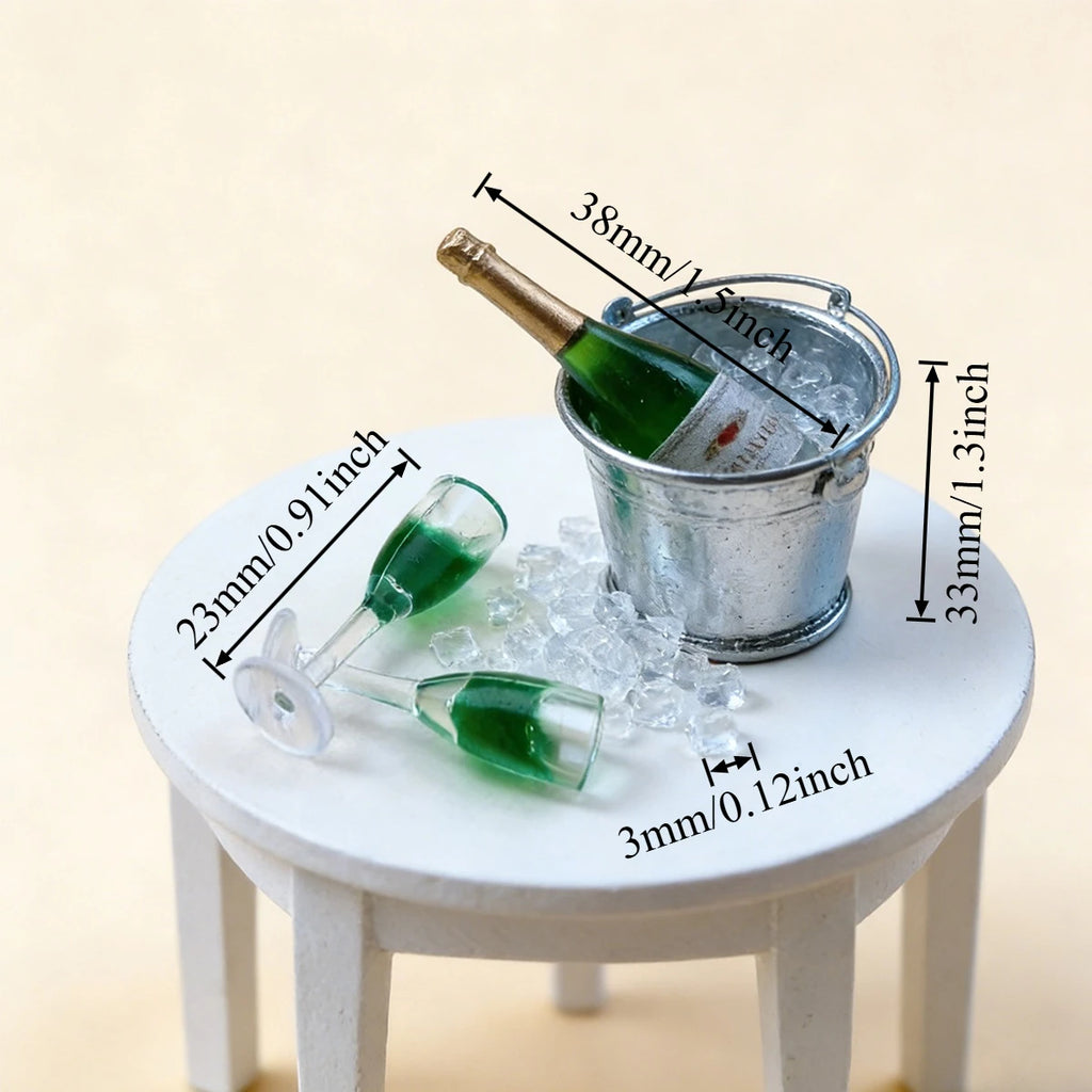 1/4 PCS Mini Champagne – 1:12 Bottle, Glass & Ice Bucket in Green, Resin fairy garden paths micro landscapes Dollhouse Bar Scene Oasis Select