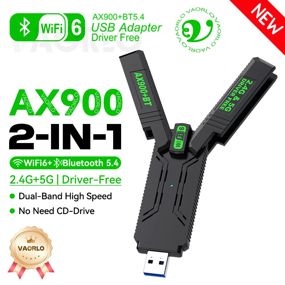 AX900 WIFI6 USB Adapter 2IN1 Bluetooth 5.4 900Mbps WiFi 6 Dual Band 2.4G&5G 802.11AX USB3.0 Wireless Card Receiver For WIN10/11 Oasis Select AX900 WIFI6 BT5.4