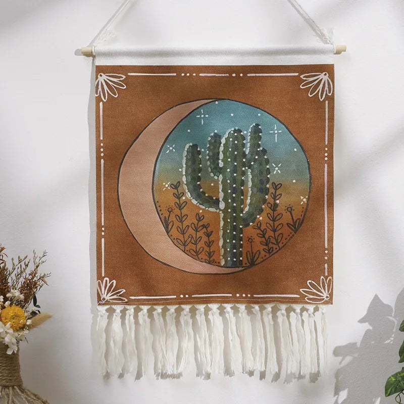 Handwoven Sun and Moon Cactus Tassel Tapestry Simple Studio Bedroom Living Room Background Wall Decoration Wall Decor Oasis Select