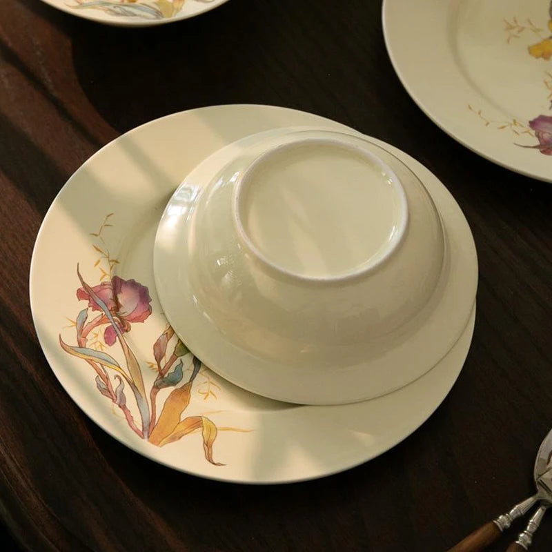 Ceramic Dinner Plate Set French Iris Dessert Bowl Dishes Soup Plate Breakfast Flat Plate Home Kitchen Gourmet Container Oasis Select