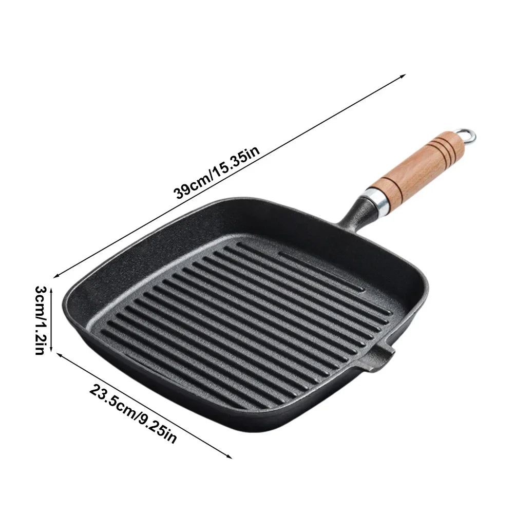 Cast Iron Grill Pan Non-Stick Square Skillet with Drip Spout with Wooden Handle for Indoor & Outdoor Grilling Oasis Select 24cm