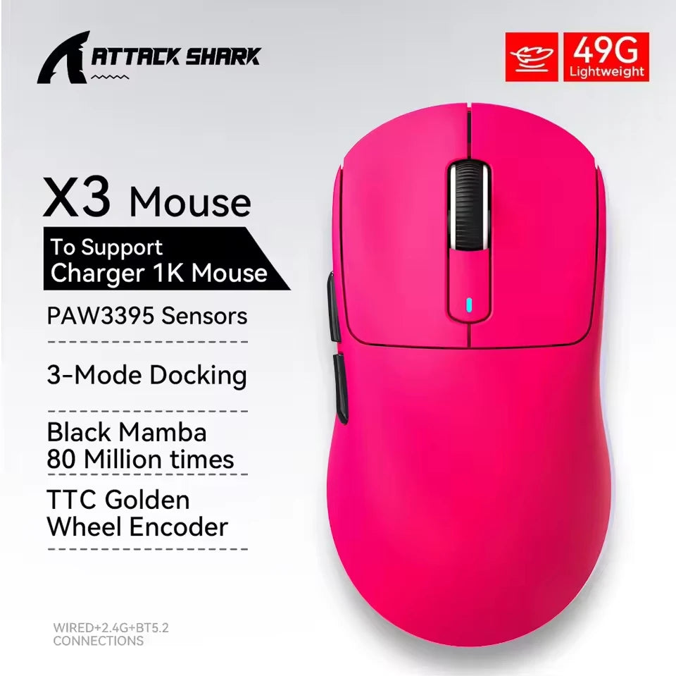 ATTACK SHARK X3 Wireless Tri Mode Gaming Mouse,49g Ergonomic PC Mouse, PAW3395 26K DPI Optical Sensor,Programmable Buttons Oasis Select X3 Berry red