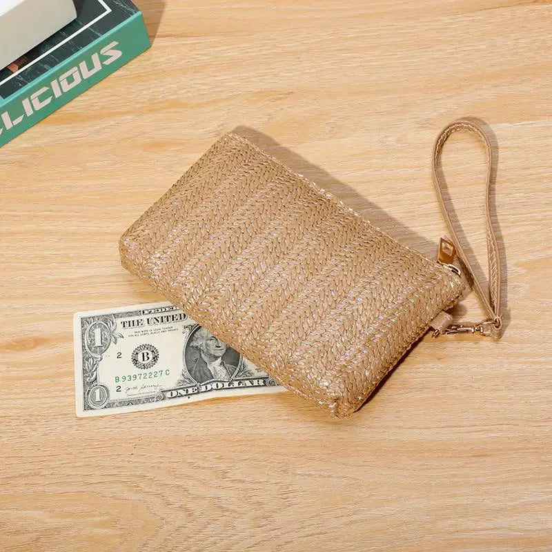 Weaving Bag Fashion Ladies Wristlet Clutch Women Daily Money Phone Clutch Solid Straw Woven Coin Purse Beach Wallet Card Holder Oasis Select