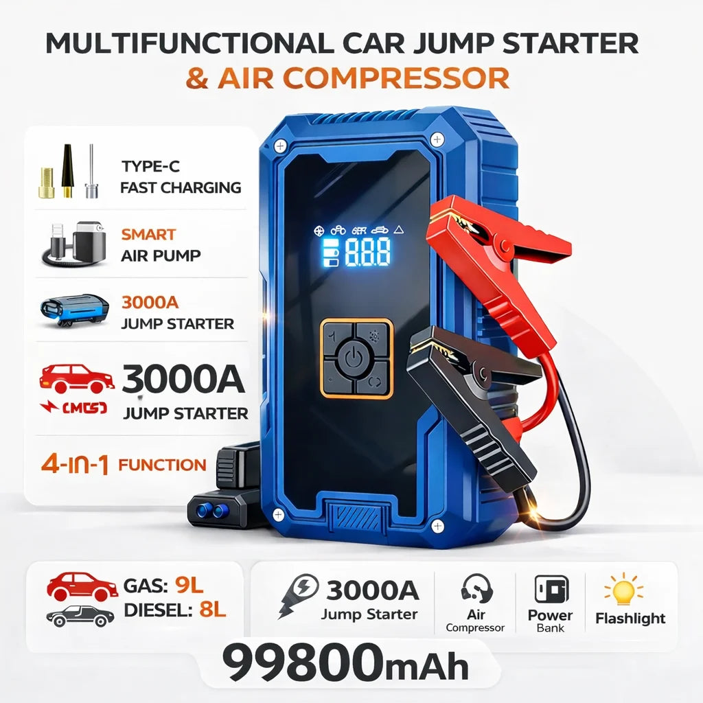 3000A Car Jump Starter 99800mAh Portable Battery Booster Air Compressor 12V Auto Emergency Start Power Bank With LED Light Oasis Select