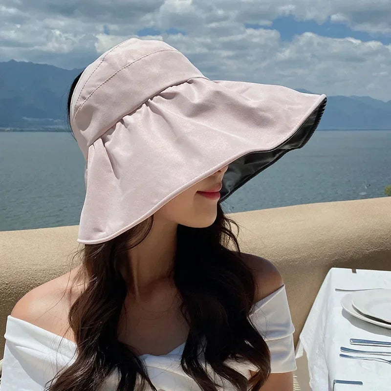 Big Brim Empty Top Sun Hat Summer Women Anti UV Large Eaves All Empty Top Hats Tidal Outdoor Foldable Riding Sport Visors Oasis Select Pink