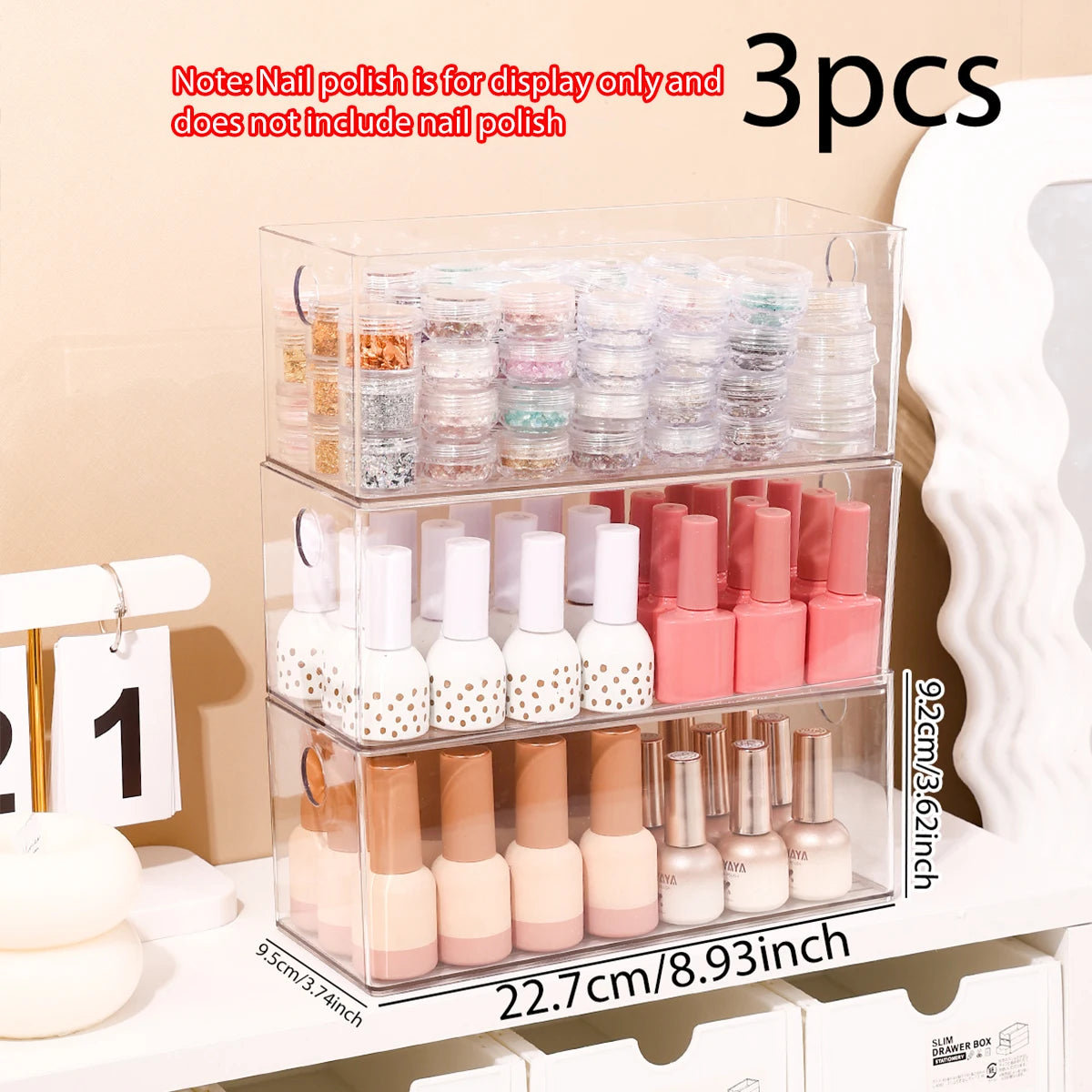 1pc/2pcs/3pcs acrylic stackable nail polish storage box round-hole drawer type for cosmetics nail art decorations storage Oasis Select 3pcs-transparent