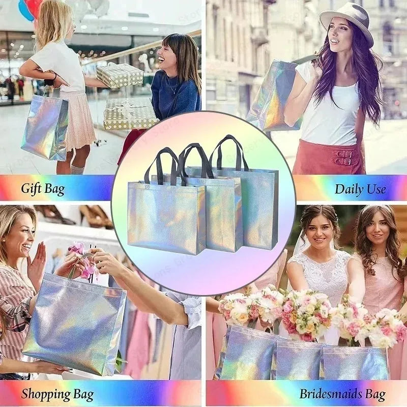 5/10/15 PCS Iridescent Gift Bags with Handles Glossy Shimmer Reusable Tote Stand Up Base for Wedding Birthday Party Favors Oasis Select