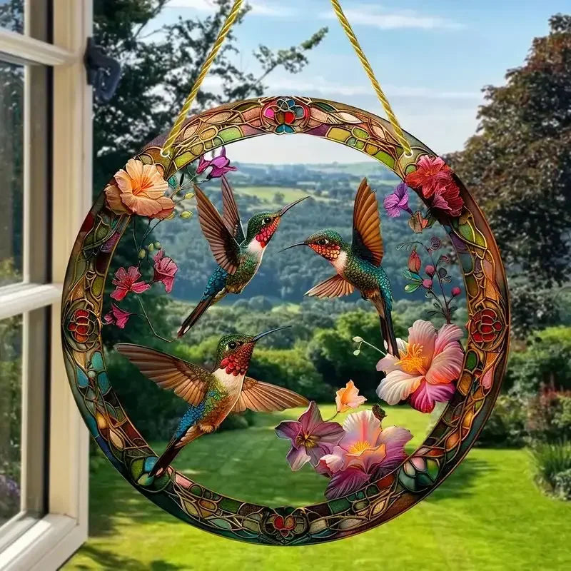 NEW Acrylic Painted Hummingbird Pendant Bird Floral Pattern Suncatcher Round Wreath Porch Window Outdoor Patio Hanging Ornaments Oasis Select Style K-15cm