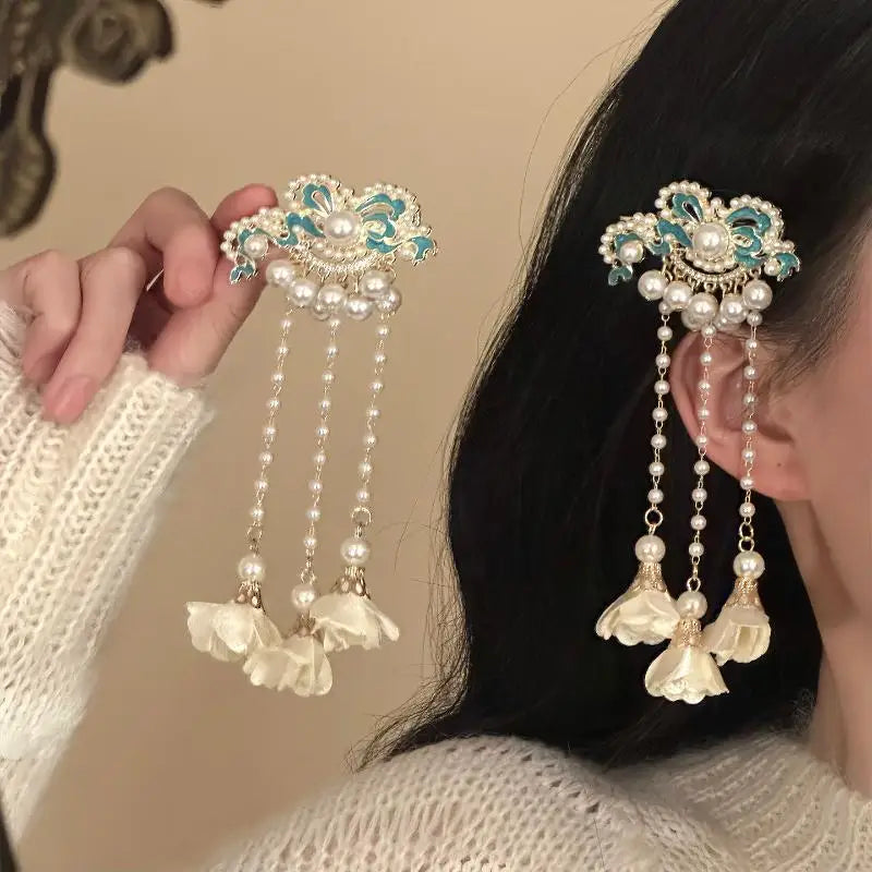 Vintage Pearl Tassel Hair Clip – Enamel Flower Hanfu Hair Pin Decorative Hair Pin Oasis Select