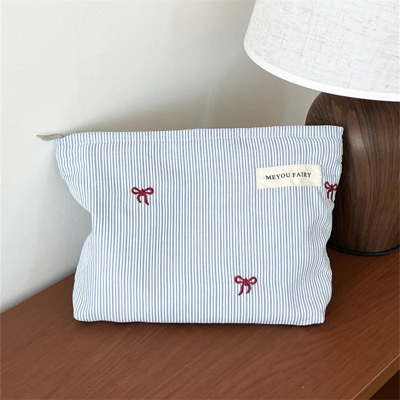 Fashion Women Bow Stripe Makeup Bag Portable Toiletry Lipsticks Cosmetic Storage Pouch Clutch Bag Ladies Organizer Handbag Oasis Select Light Blue B