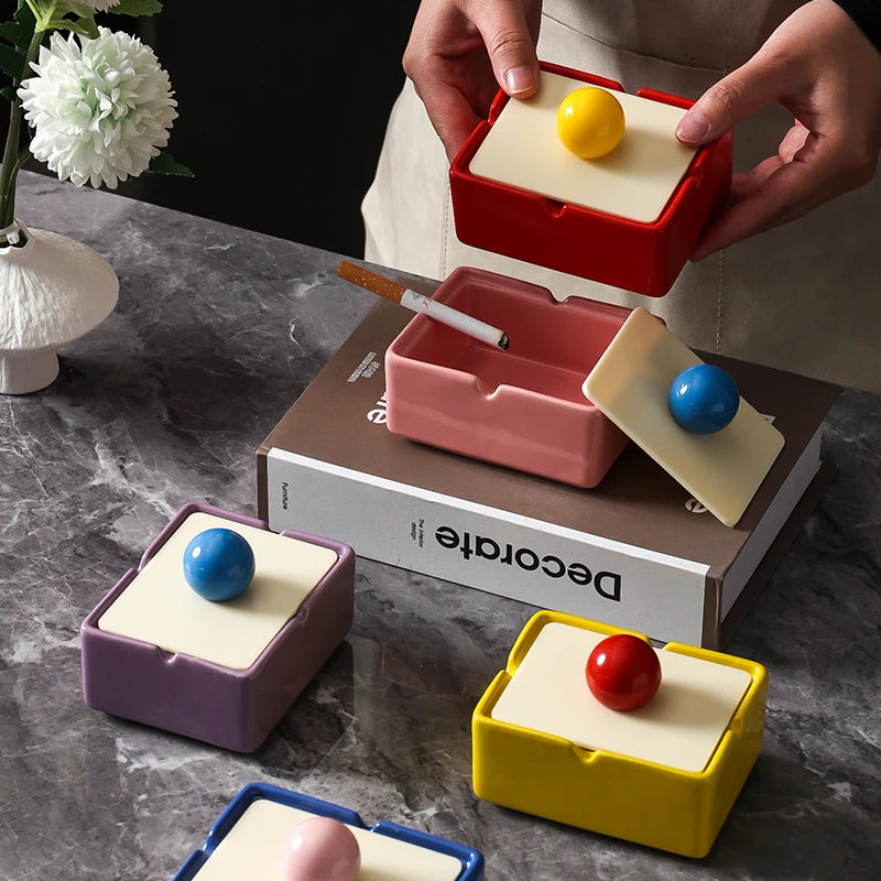 1PC Dopamine Ceramic Creative Ashtray with Lid Anti Ash Home Living Room Tea Table Ornament High Grade Feeling Oasis Select