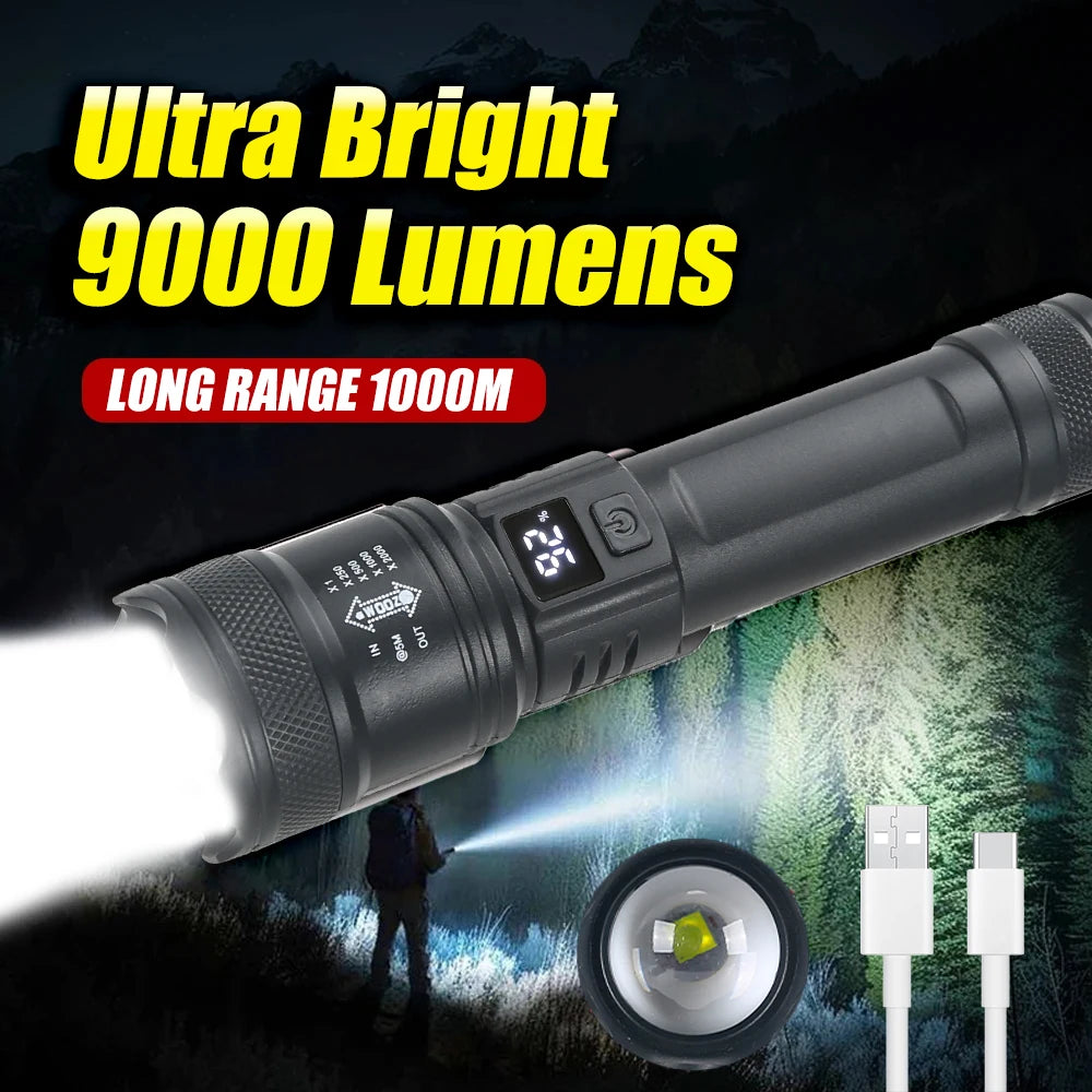 High Strong Power Led Flashlights Tactical Zoom Rechargeable Torch Built-in Battery Spotlights Outdoor Camping Emergency Lantern Oasis Select