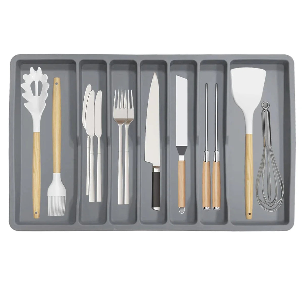 Non Slip Silicone Cutlery Tray Silverware Drawer Organizer Kitchen Utensil Holder with Dividers Gray Black Color Oasis Select