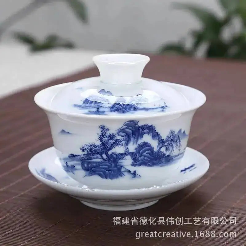 3.8-inch White Porcelain Big Cover Bowl Ceramic Tea Sancai Cover Bowl Blue And White Tea Bowl Oasis Select And Good Water