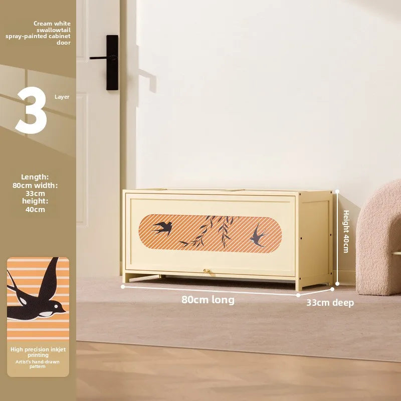Home shoe cabinet Home entrance Indoor solid wood porch cabinet Large capacity shoe rack Cream style retro storage Oasis Select Three layers 80