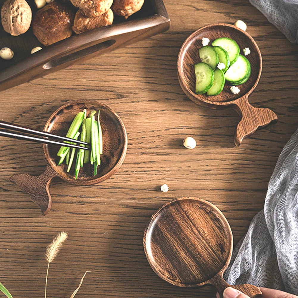 Fish-Shaped Wooden Condiment Dipping Dish with Handle