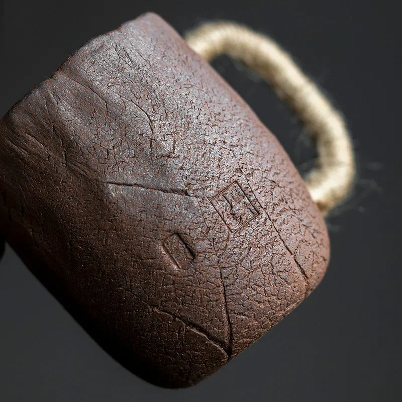Handmade thick ceramic mug with lid spoon creative tie rope ceramic large capacity Japanese coffee cup cups Oasis Select