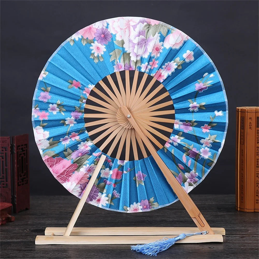 New Japanese Sakura Flower Pocket Folding Hand Fan Round Circle Party Decor Gift Bamboo Windmill Folding Fan Chinese Fans Oasis Select Lake Blue
