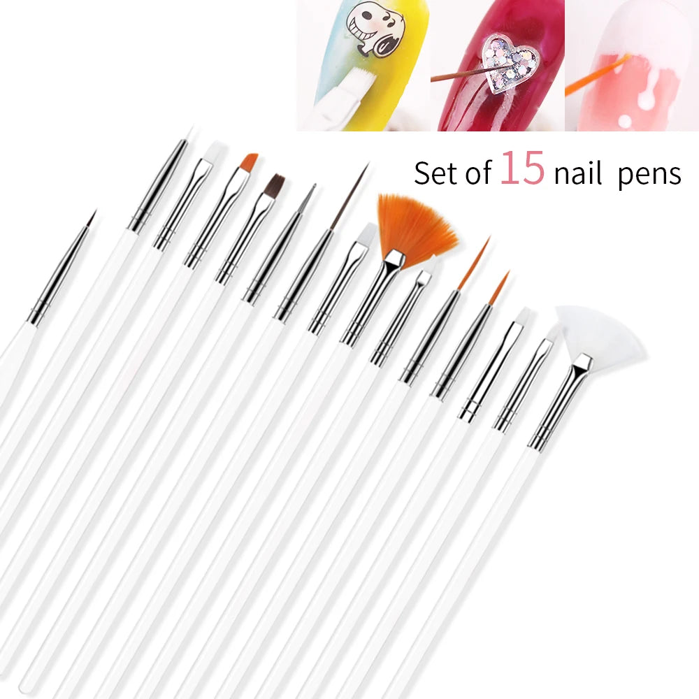 15pcs Fine Detail Paint Brush Set Acrylic UV Gel Drawing Dotting Manicure Nail Art Design Tools Makeup Accessorie Gel Brush Oasis Select WHITE