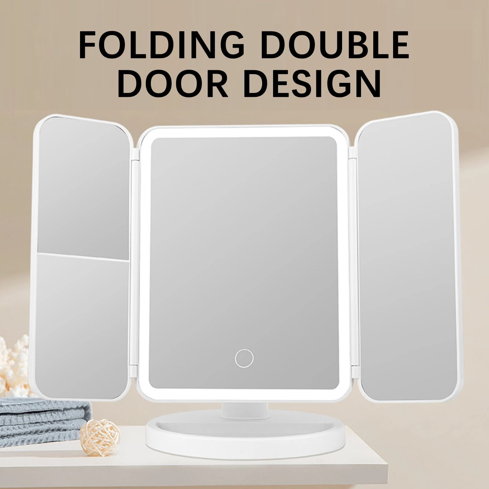 LED Tri-Fold Desktop Vanity Mirror | Touch Sensor Makeup Mirror
