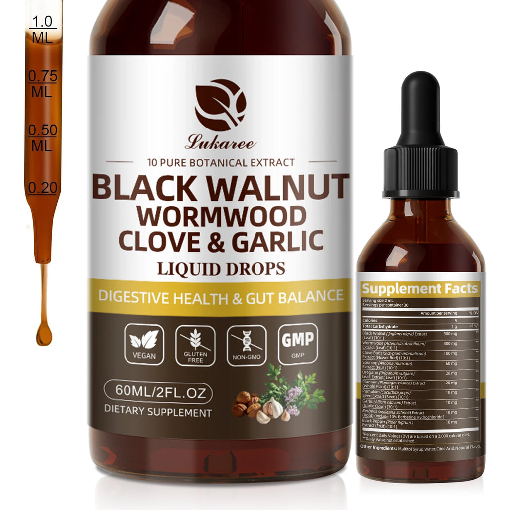 Lukaree 60ML Black Walnut Drop with Wormwood Clove & Garlic Support Digestion and Immune Health, Detoxify the Body Antioxidant Oasis Select