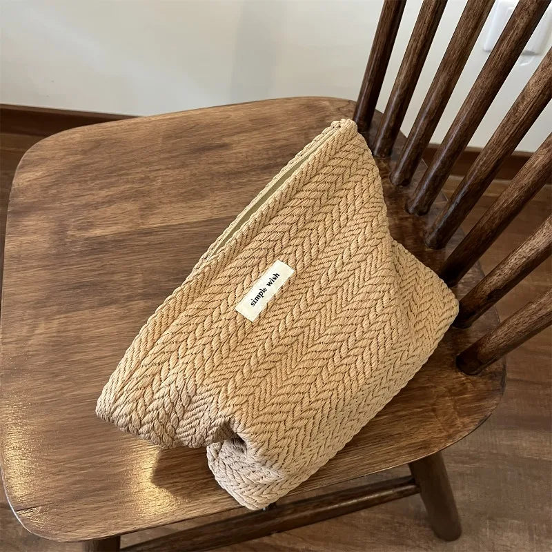 Rice Grain Pattern Woven Fabric Handbag, Women'S Travel Cosmetic Storage Organizer, Makeup Pouch, Zipper Closure, Toiletry Bag Oasis Select coffe