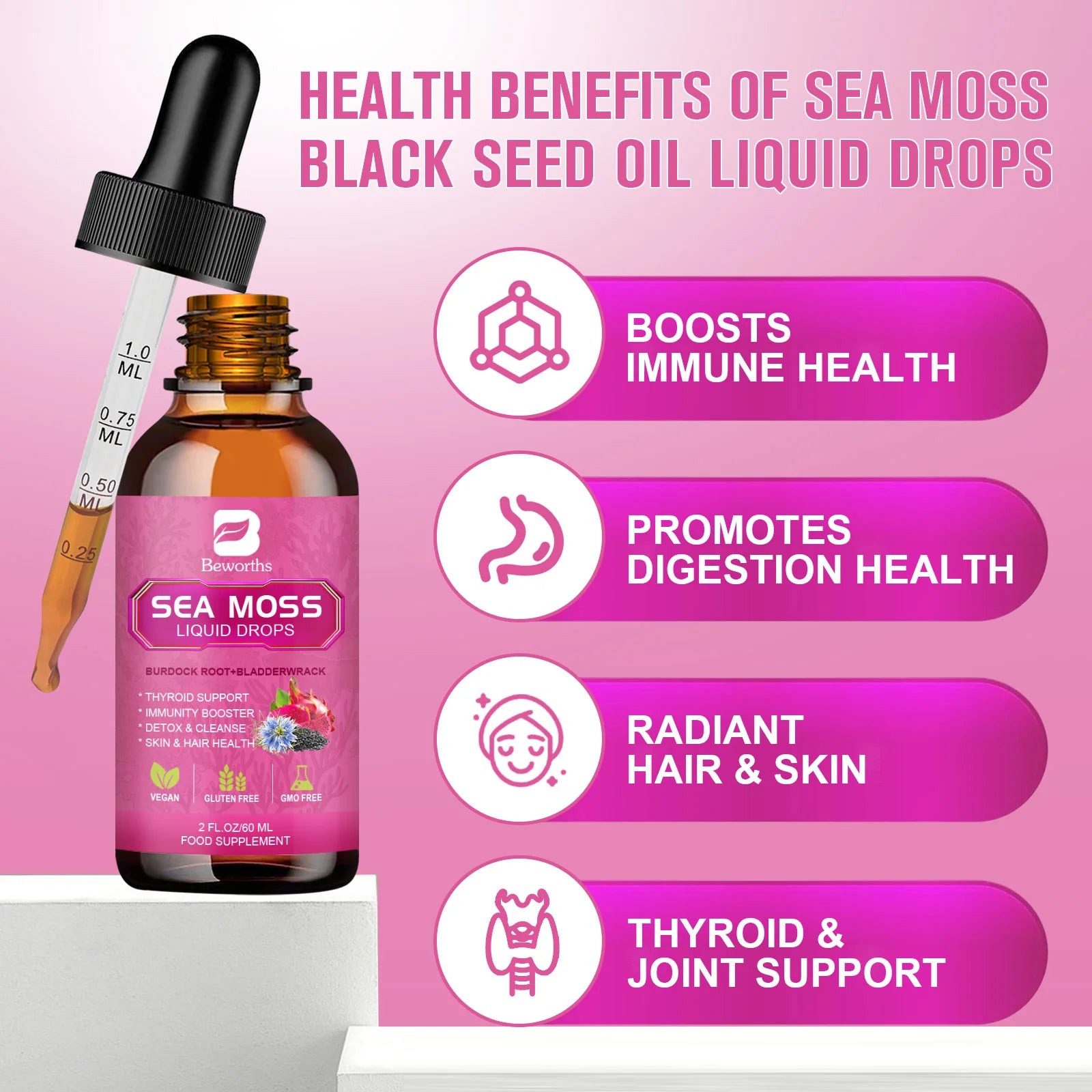 BEWORTHS 3000MG Seamoss Liquid Drop Organic Black Seed Oil & Burdock Root Bladder Enhance Immunity, Hair,Skin & Digestion Health Oasis Select