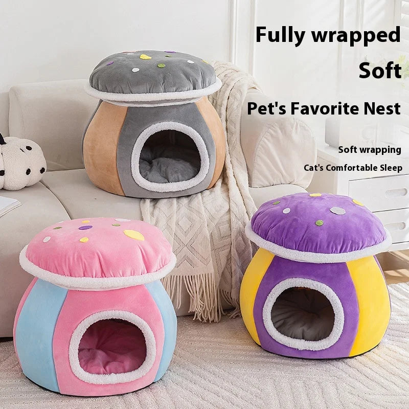 Mushroom Cat Bed Thickened and Warm in Winter, Rabbit Plush Detachable and Washable Pet Bed, Round Bed Small Dog Bed Products Oasis Select