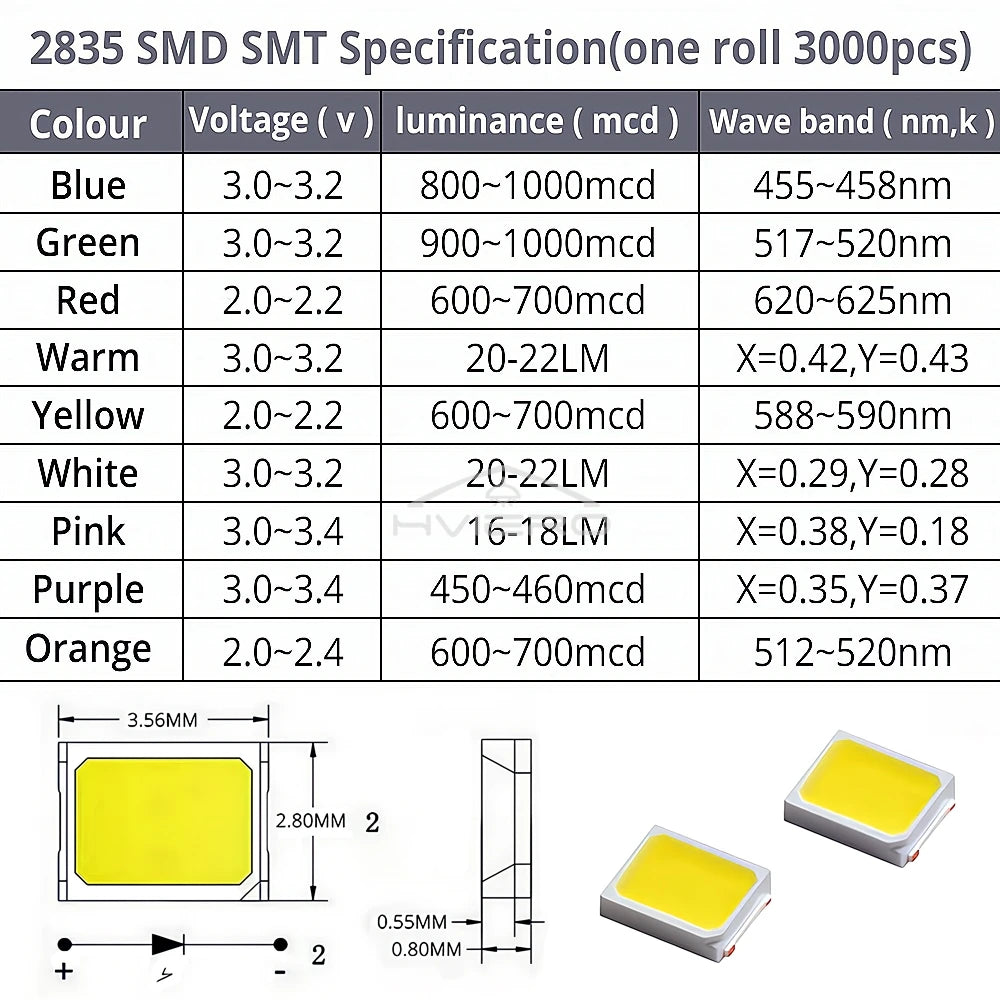100Pcs 2835 SMD LED Chips 0.2W Ultra Bright White DIY LEDs