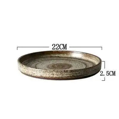 Retro Handmade Stoneware Rice Soup Bowl Tea Cup Round Steak Salad Dinner Plate Dishes Home Dining Dish Japanese Tableware Set Oasis Select 22cm Plate