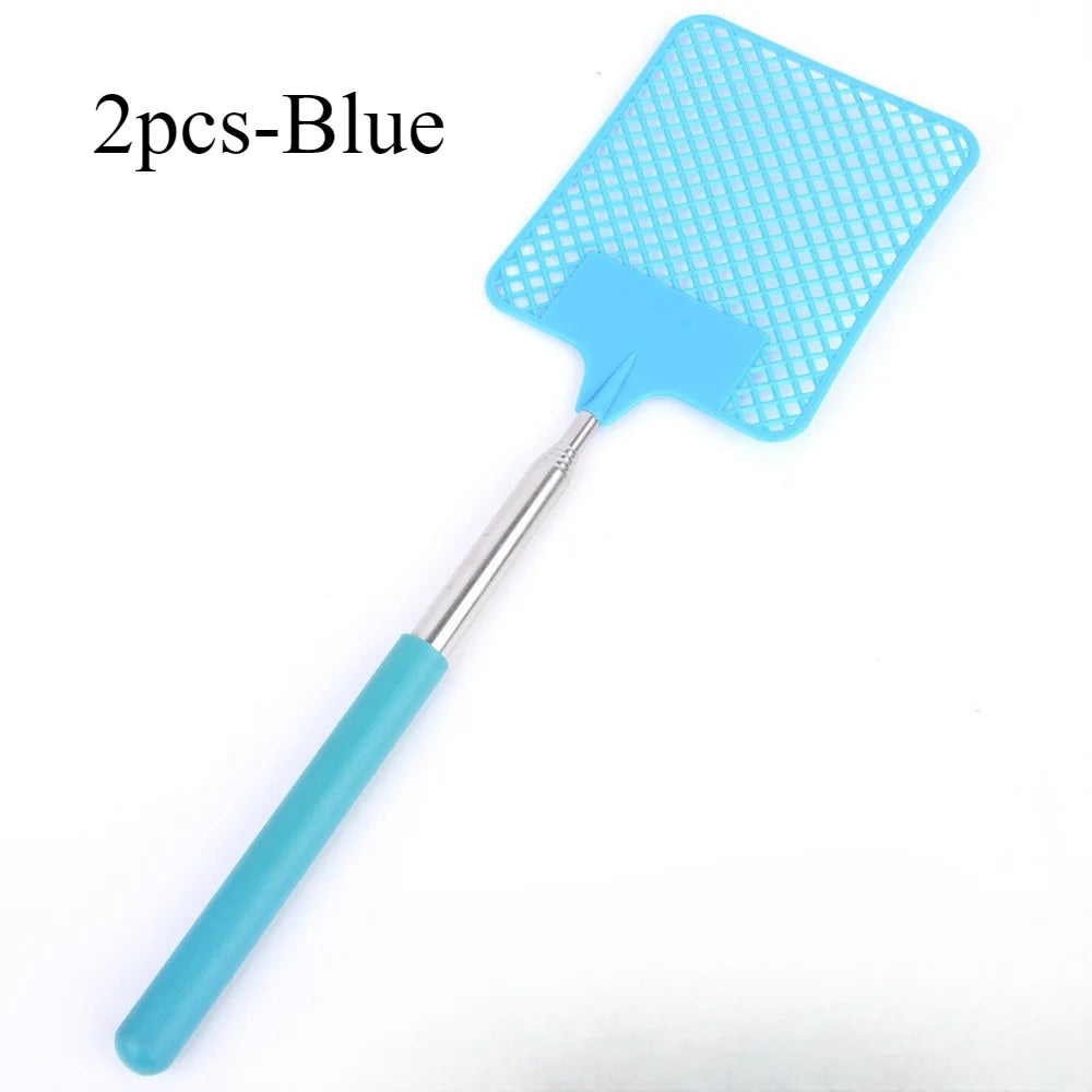 1/2pcsMini Retractable Plastic Fly Swatter; Stainless Steel Non-slip Handle; Summer Mosquito Swatter; Fly Killer For Home Garden Oasis Select 2pcs-Blue