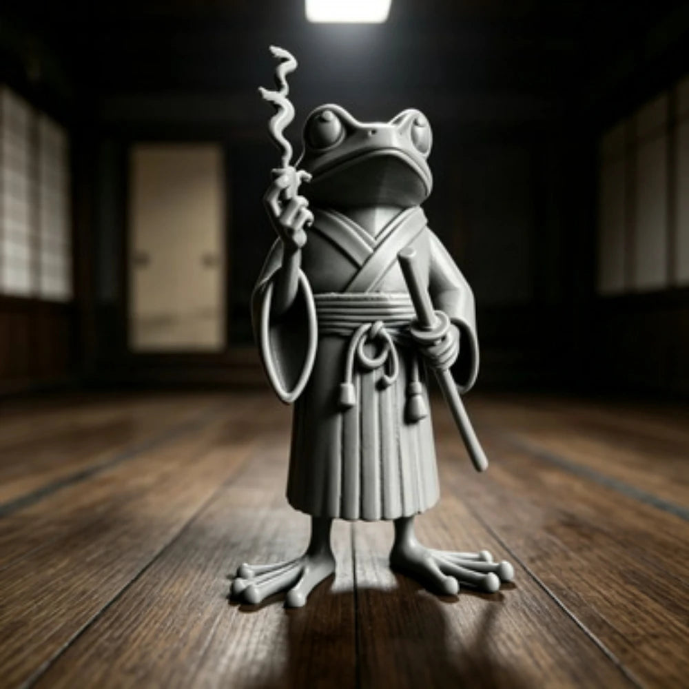 Samurai Frog Statue with Cigarette Pipe Cool Ronin Warrior Frog Figurine Novelty Office Desktop Decor Unique Collectible Gift Oasis Select