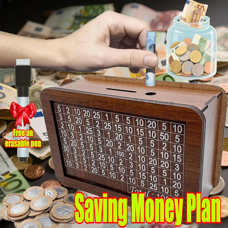 1000/3000/5000/10000 Euro Money Box Wooden Piggy Bank Reusable Money Vault Savings Box Challenge Cash Storage Case Children Oasis Select