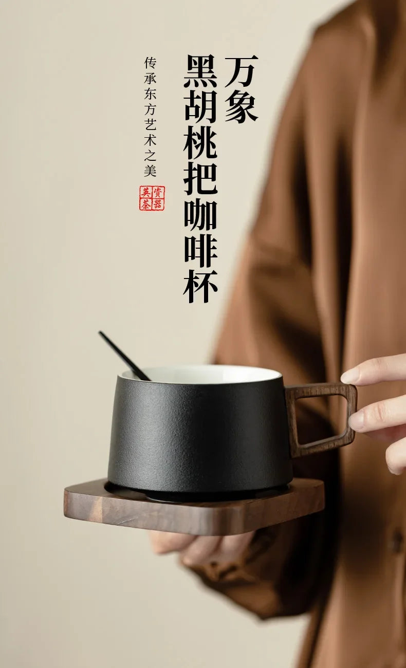 Coffee Cup Solid Wood Coaster Set Ceramic High-grade Exquisite Household Drinking Mug Milk Cup Oasis Select