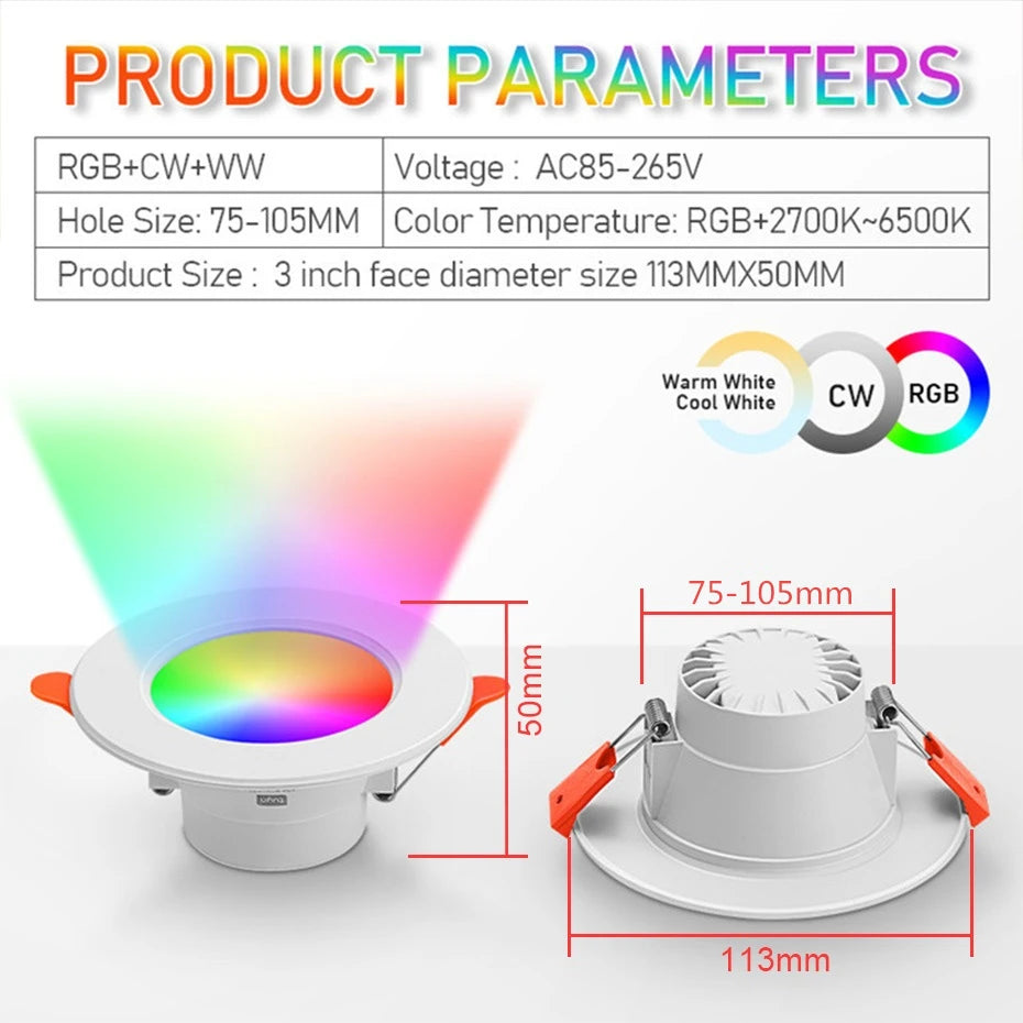 AC85-265V RGB Smart Bluetooth LED Downlight 10W 1/2/4Pcs Recessed LED Ceiling Light CCT Dimmable RGB Spotlight Lighting Decor Oasis Select