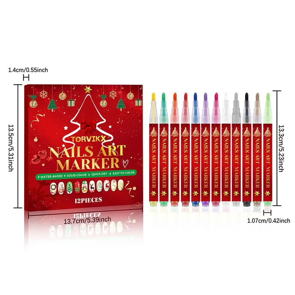 12-Piece Christmas Nail Art Pen Set – Fine Tip Quick-Dry