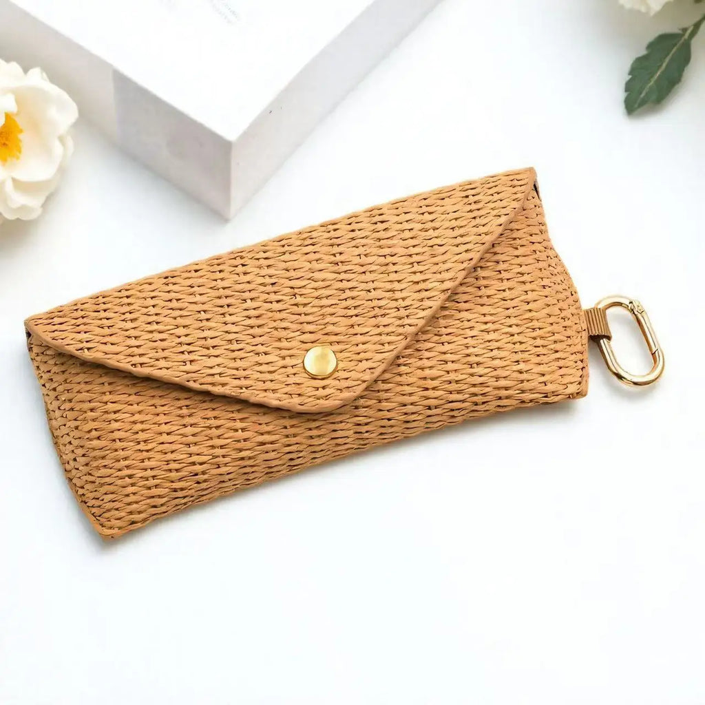 Fashion Woven Straw Glasses Case with Hook,Durable PU Leather Eyewear Bag,Soft Protective Sunglass Pouch for Women Glasses Case Oasis Select