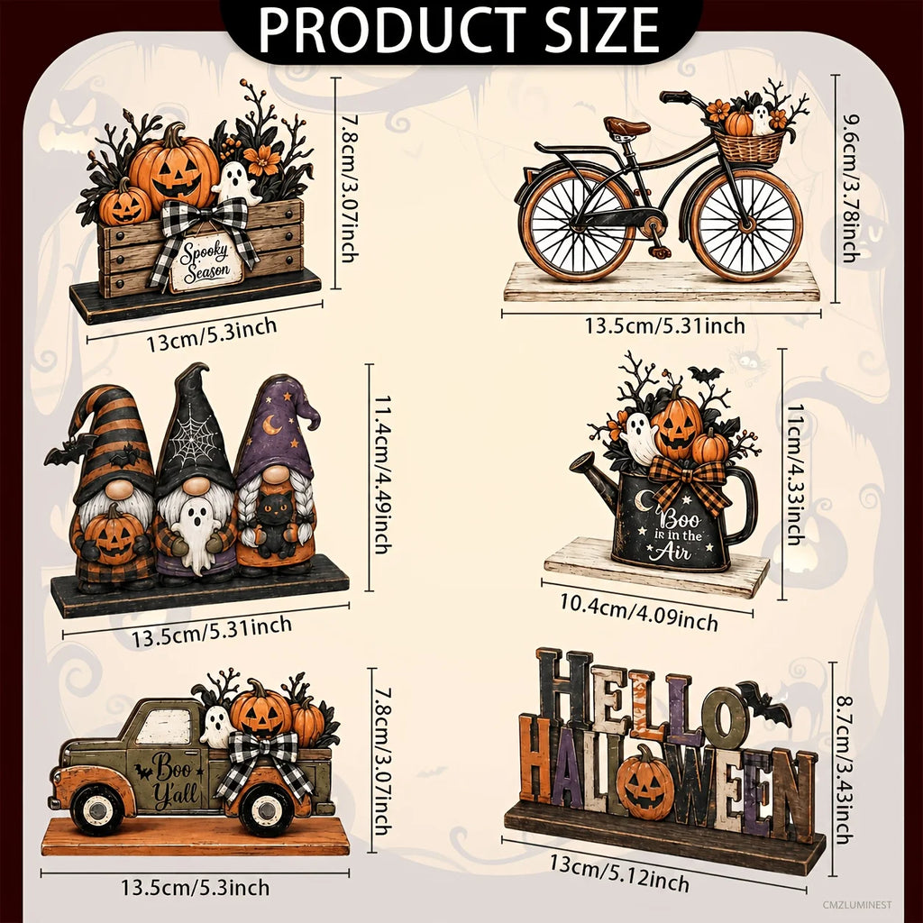 Halloween wooden dining table decoration, with patterns of fairies, trucks, ghosts, bicycles, etc. on the decorations. Oasis Select