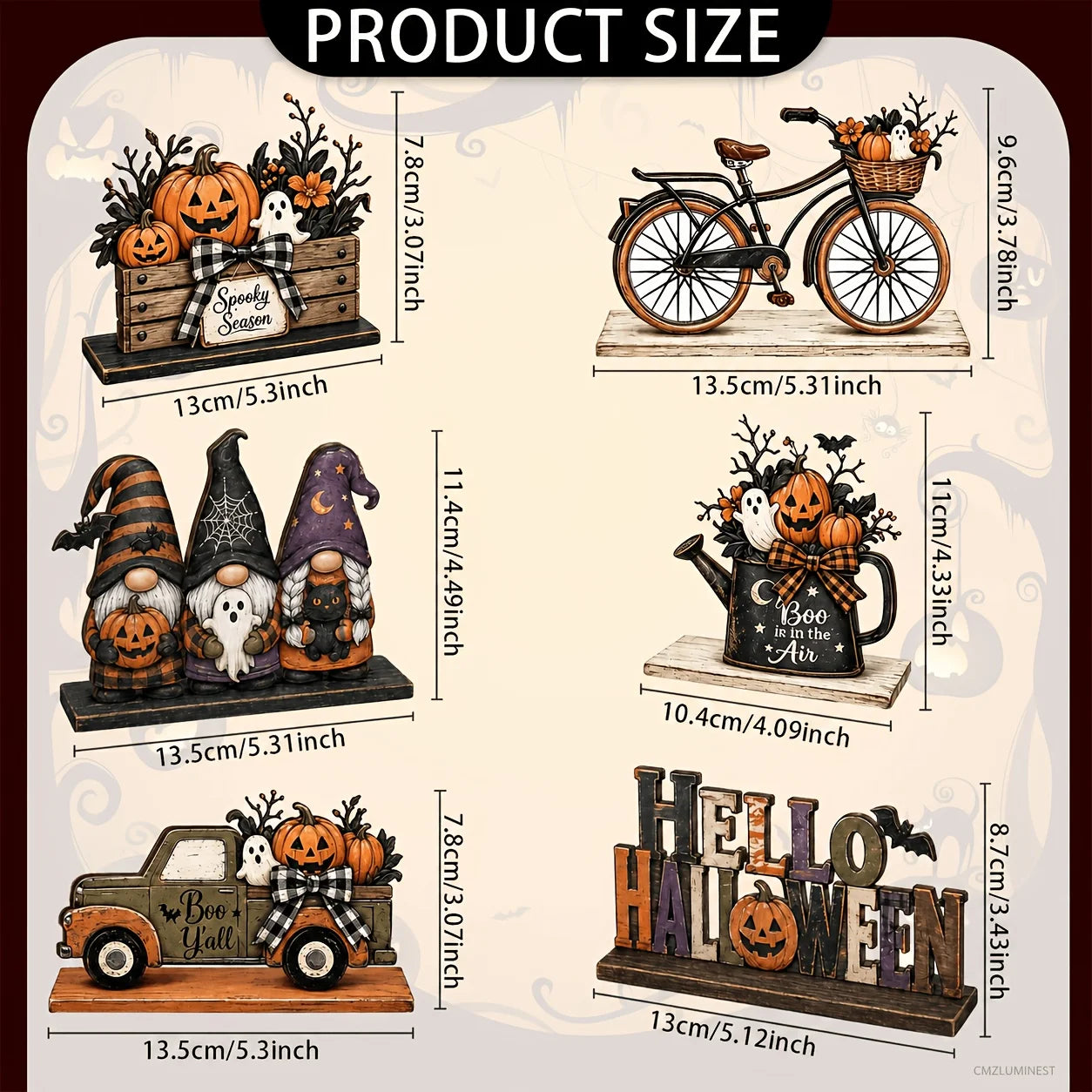 Halloween wooden dining table decoration, with patterns of fairies, trucks, ghosts, bicycles, etc. on the decorations. Oasis Select