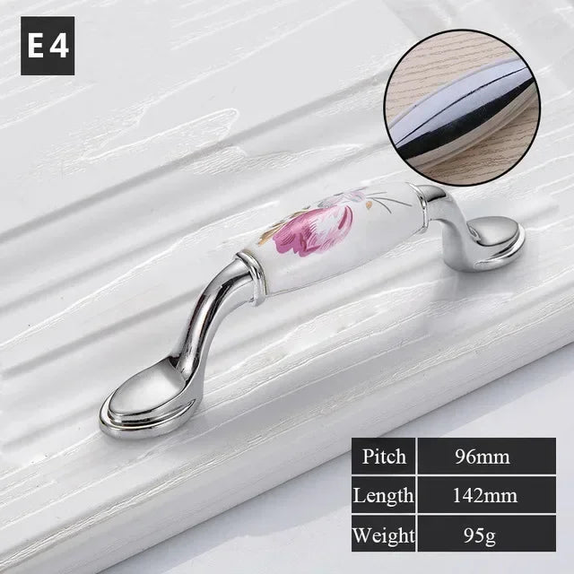 Tulip Ceramic Door Handle Silver Drawer Pulls Vintage Flower Cupboard Kitchen Cabinet Handles and Knobs Furniture Hardware Oasis Select D-96mm