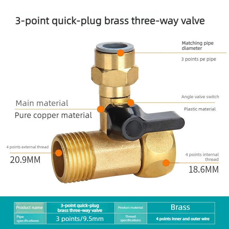 Water Purifier Adapter Faucet Ball Valve 2/3 PE Pipe Brass Alloy Plastic Tee Connector Hardware Accessories Oasis Select Copper color 3points