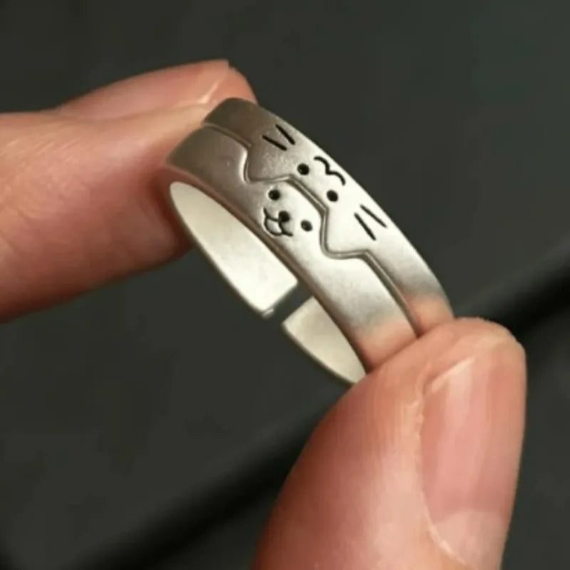 Kawaii Cat Dog Animal Couple Ring for Women Men Fashion Size Adjust Lover Rings Valentine's Day Party Jewelry Gifts Oasis Select