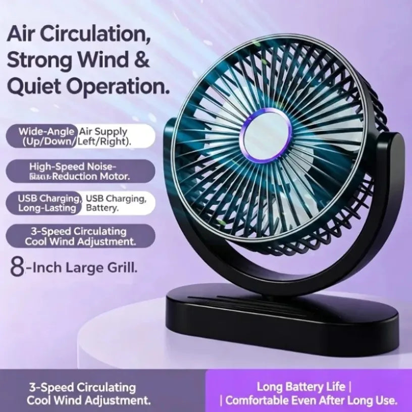 USB Rechargeable Desktop Fan Portable 3 Speed Quiet Mini Air Circulation Brushless Motor Adjustable for Office Home Outdoor Oasis Select