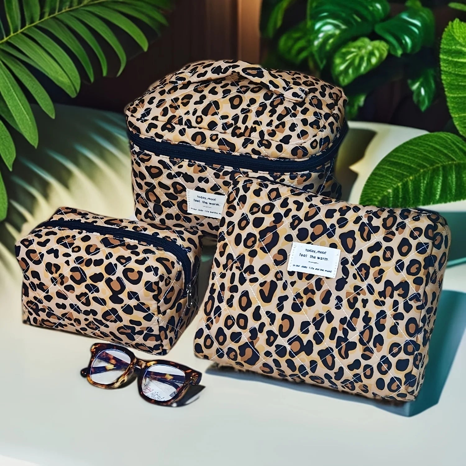 4Pcs European American Ins Style Leopard Print Makeup Bag Double Layer Large Capacity Travel Toiletry Bag Cosmetic Storage Organ Oasis Select