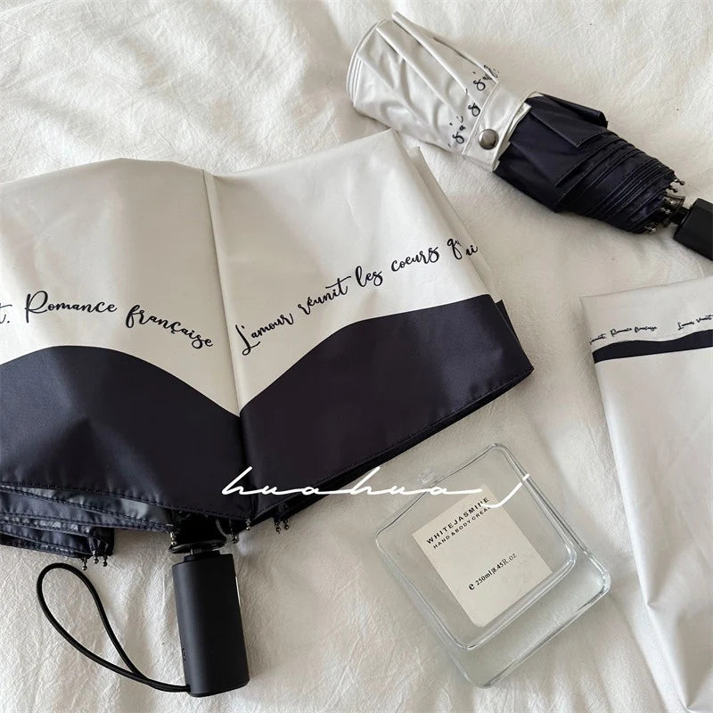 Romantic French Umbrella Automatic Sunscreen and Rainproof Dual Purpose Black and White Splicing UV Resistant Sunshade Umbrella Oasis Select