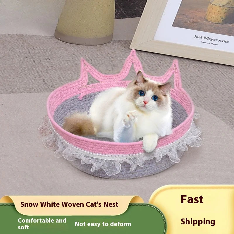 New Princess Style Woven Cat Bed, Four Season Universal, Lace Decor, Scratch Resistant, Washable Pet Nest for Warmth Oasis Select