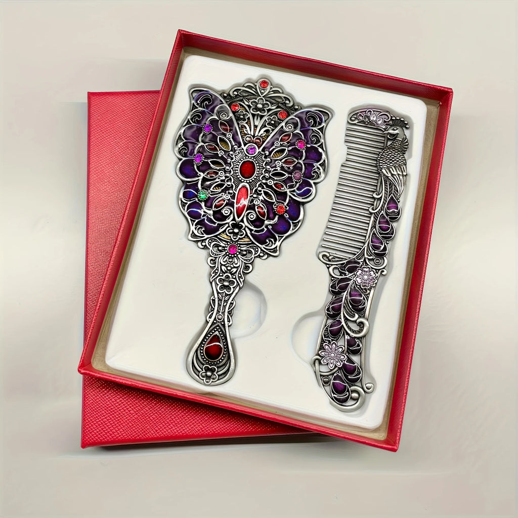 2pcs/Set Vintage Mirror And Comb Set Peacock Flower Decorative Mirror Comb Portable Makeup Mirror Comb (rhinetone Color Random) Oasis Select OldTinButterfly