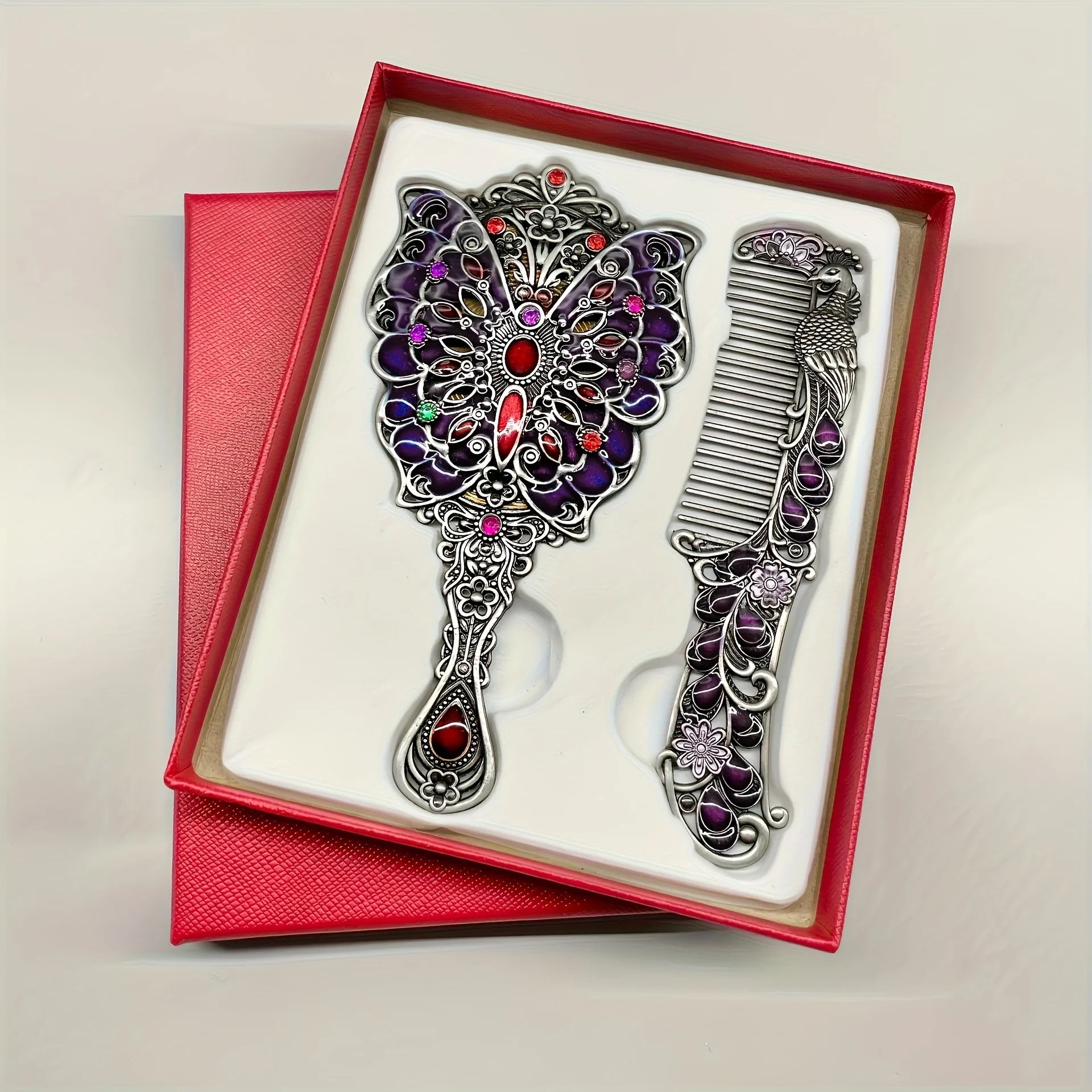 2pcs/Set Vintage Mirror And Comb Set Peacock Flower Decorative Mirror Comb Portable Makeup Mirror Comb (rhinetone Color Random) Oasis Select OldTinButterfly