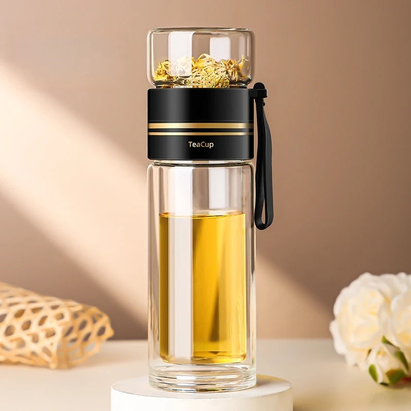 500ml Double‑Walled Glass Tea Infuser Cup, Portable Leak‑Proof Travel Mug with Stainless Steel Filter, Heat‑Resistant for Office Oasis Select